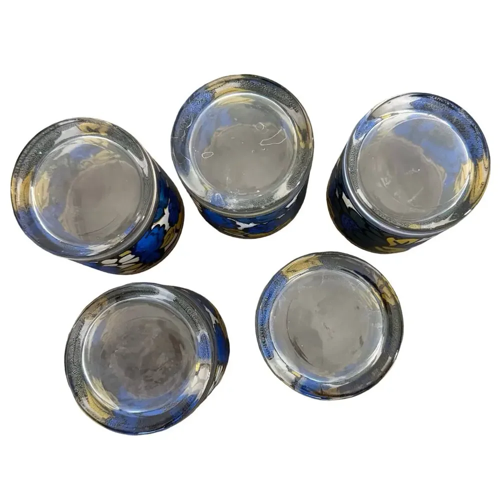 Vintage 1960s CCC Hazel Atlas Blue Yellow Floral Faux Stained Glass Set of 5 - Picture 4 of 16